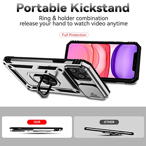for iPhone 11 Pro Case with Camera Lens Cover HD Screen Protector, Dual Layer Military Grade Drop Protection Magnetic Ring Holder Kickstand Protective Phone Case for iPhone 11 Pro 5.8 inch (Silver) - color: Silver with camera cover Military-Grade 2nd gen