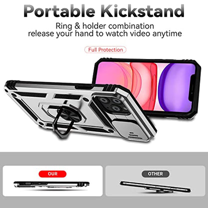 for iPhone 11 Pro Case with Camera Lens Cover HD Screen Protector, Dual Layer Military Grade Drop Protection Magnetic Ring Holder Kickstand Protective Phone Case for iPhone 11 Pro 5.8 inch (Silver) - color: Silver with camera cover Military-Grade 2nd gen