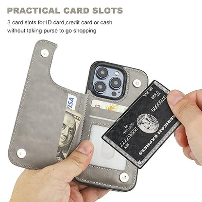 ONETOP for iPhone 15 Pro Wallet Case with Credit Card Holder,Gray | Kickstand,ID/Cash Holder,Case Wallet with Card Slots,Double Magnetic Clasp,Durable PU Leather Shockproof Cover for Women Men - color: Gray