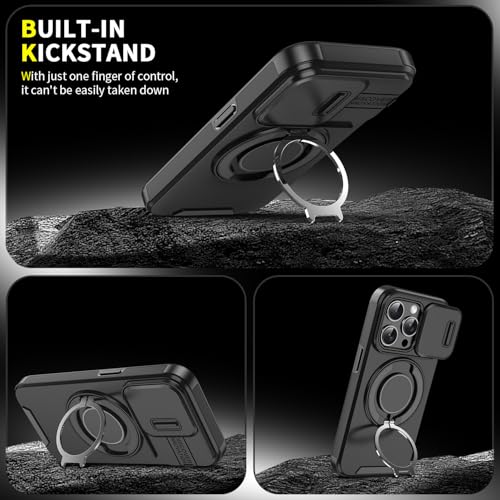 Rugged Shockproof Case for iPhone 17 Pro Max, Heavy Duty Protective Phone Case with Slide Camera Cover, 360° Rotatable Ring Stand & Magnetic Car Mount Compatible (Black,iPhone 17 Pro Max) - color: Black
