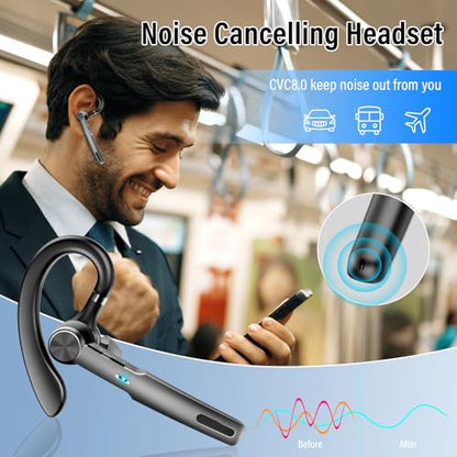 Bluetooth Headset, 2026 Wireless Bluetooth 5.3 Earpiece, 60 Hours Single-Ear Headset with Mute Button, Dual Noise Cancelling Mics, IP7 Waterproof Hands Free Headphone for Trucker, Business, Black