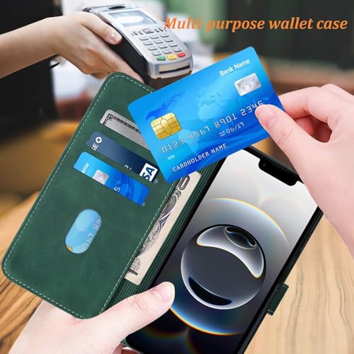Flip Wallet Case for iPhone 17e/16e, Wrist Strap, Green | Embossed PU Leather, Detachable Wrist Strap, Card Slots, TPU Inner, Cash Pocket, Magnetic Closure, Stand, Precise Cutouts - color: Green