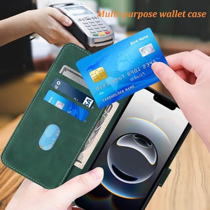 Flip Wallet Case for iPhone 17e/16e, Wrist Strap, Green | Embossed PU Leather, Detachable Wrist Strap, Card Slots, TPU Inner, Cash Pocket, Magnetic Closure, Stand, Precise Cutouts - color: Green