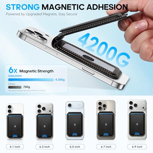 SHIELDON Genuine Leather Magnetic Wallet Stand for MagSafe, Retro Black | Strong Magnetic, Card Holder, Kickstand, Angle Adjustment, Rfid Blocking, for iPhone 17/16/15/14/13/12 Series & Magnet Case - color: Retro Black