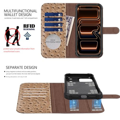 Leather Case Compatible with iPhone 17 Pro Wallet 6.3" | Genuine Leather 2-in-1 Magnetic Detachable Shockproof,Flip Folio Cover with Card Slot, Wireless Charging RFID Blocking - color: Creamy white, size: 6.3”-17 Pro