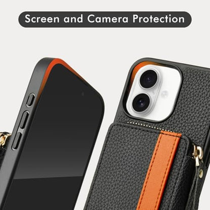 LAMEEKU Compatible with iPhone 16 Wallet Case with Card Holder, Zipper Leather Crossbody Case with Phone Grip Holder Stand Wrist Strap for Women 6.1 inch Black - color: Black, size: iPhone 16 6.1''