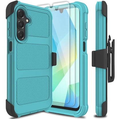 for Samsung Galaxy A16 5G Case with 2 Pack Tempered Glass Screen Protector, [Holster Series] Belt Clip Hard Tough Heavy Duty Rugged Shockproof Protective Cell Phone Case (Blue Green) - color: Blue Green