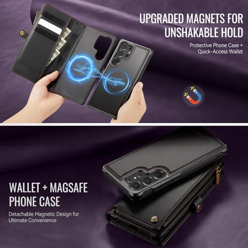 Defencase for Galaxy S24 Ultra Case Wallet Compatible with Magsafe, Black | Magnetic Detachable, RFID Bolcking Card Holder, Zipper Strap, PU Leather Drop-Proof Phone Cover for Samsung Galaxy S24 Ultra - color: (Detachable with Magsafe)-Black