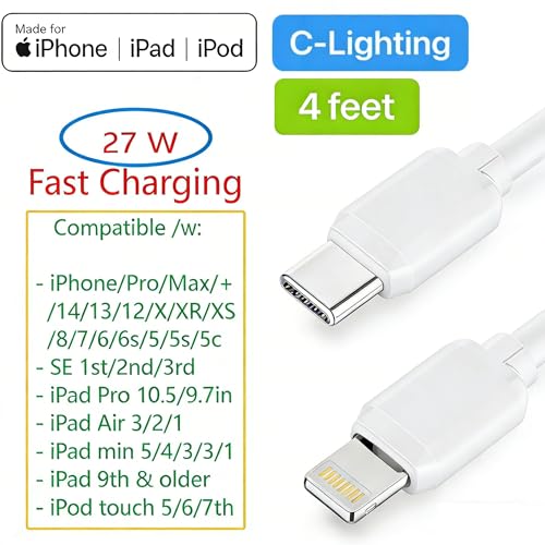 7-Pack Assorted 4FT Individual USB and USB-C Cables, Compatible/w iPhone17,16,15, iPhone14-5/ iPad/MacBook/Samsung Moblie/Tablet/Pixel/Nexus/HTC/Hub/Charging Station etc. (White) - color: White