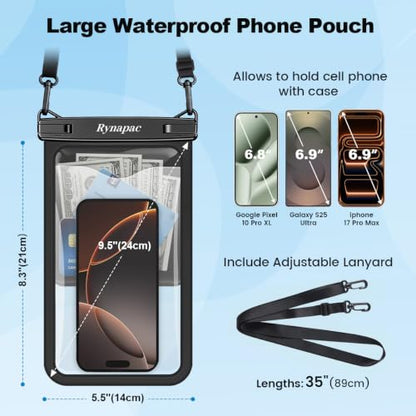 Rynapac Large Waterproof Phone Pouch [Up to 10"] - 2 Pack IPX8 Waterproof Phone Case for iPhone 17 16 15 Pro Max Galaxy S26 Ultra, Touchscreen & Underwater Photography, Beach Cruise Essentials 2026 - color: [Black + Black] Large Waterproof Phone Pouch, si