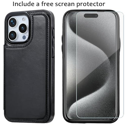 Wallet Case Compatible with iPhone 15 Pro Max(6.7"),Slim Protective case with Card Holder with 1 Screen Protective Glass,Premium PU Leather Kickstand Card Slots Case-Black - color: Black