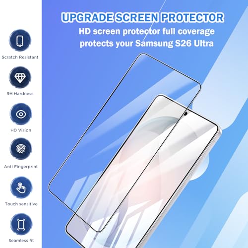 2+1 Compatible for Samsung Galaxy S26 Ultra Screen Protector Glass with Glitter Lens Camera Protector, Easy install Alignment Kit with 9H Tempered Protection for S26 Ultra Screen 6.9 Inch - size: 2 screen protector+1 lens camera protector