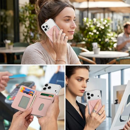 MagSafe Wallet Stand with ID Window, 7 Card Holder with RFID Blocking for MagSafe Phone and Case, Slim Leather Magnetic Wallet for iPhone 17e/17/16/15/14/13/12 Series(Pink) - color: Pink
