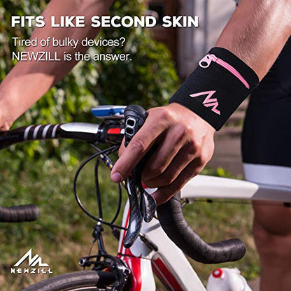 NEWZILL Wrist Wallet Wristband with Zipper for Men & Women, Cotton - color: Black/Pink, size: Small