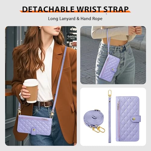 Wallet Phone Case Crafted for iPhone 17 Pro Purple | Women Wallet Flip Case Cover Wrist Strap Zipper Credit Card Holder Slots PU Leather - color: Purple, size: iPhone 17 Pro