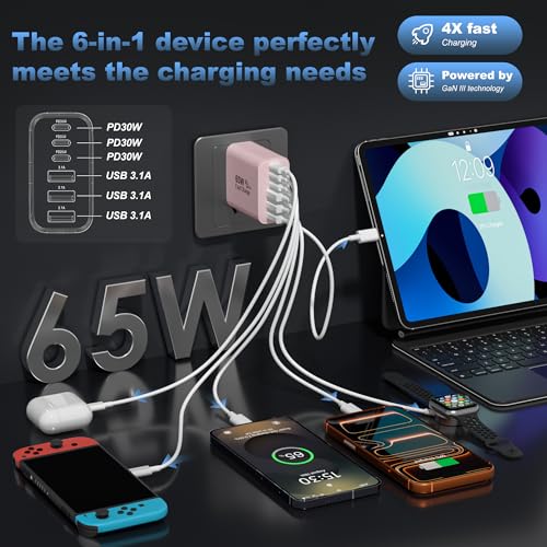 65W USB C Charger Block,6-Port Multi Device Fast Charger PD QC Wall Adapter - color: Pink, size: 65w