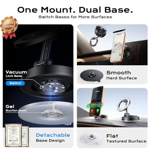NeverDrop Car Mount for MagSafe [2 Bases for Any Surface | 118+LBS Ultra Grip | 2400gf Strong Magnetic] 360° Adjustable Car Phone Holder, Phone Holders for Your Car for All Smartphones, Carbon Fiber