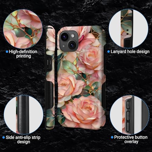 Case for iPhone 15 | Anti-Slip Side Handle| Bold Protective Design | Compatible with MagSafe | Stained Glass Pink Flower | - color: Stained Glass Pink Flower, size: iPhone 15