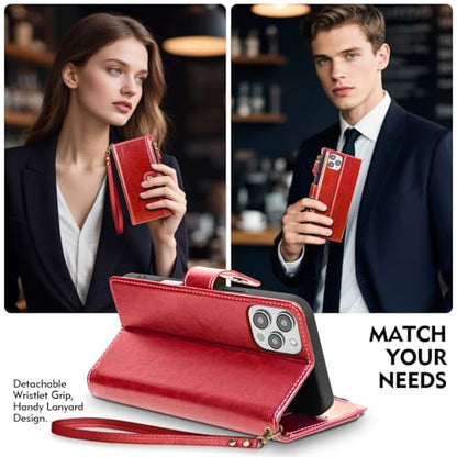 Compatible with iPhone 13 Pro Max Wallet Case with Card Holder RFID Blocking Zipper Poket PU Leather Flip Phone Case with Wrist Strap Credit Card Slots Men Women,for Apple 13 Pro Max,Red - color: Red, size: iPhone 13 Pro Max - 6.7