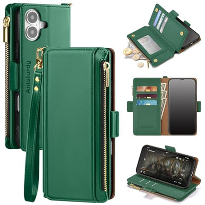 Antsturdy for iPhone 17 Phone Wallet Case Women,Green | RFID Blocking,with Credit Card Holder Slots,PU Leather Purse,Zipper Pocket,Wrist Strap Kickstand,Flip Folio Cover for Men - color: Green
