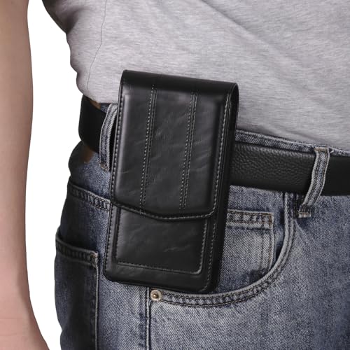 Cell phone Waist Bag with Belt Clip Leather, Vertical Cell Phone Belt Pouch for Men's, Smartphone Waist Holder Wallet Hiking Travel Carrying Case Belt Holster Pack with Card Slot Carabiner Hook - color: Black, size: 7.2 INCH