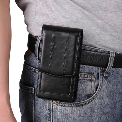 Cell phone Waist Bag with Belt Clip Leather, Vertical Cell Phone Belt Pouch for Men's, Smartphone Waist Holder Wallet Hiking Travel Carrying Case Belt Holster Pack with Card Slot Carabiner Hook - color: Black, size: 6.1 INCH