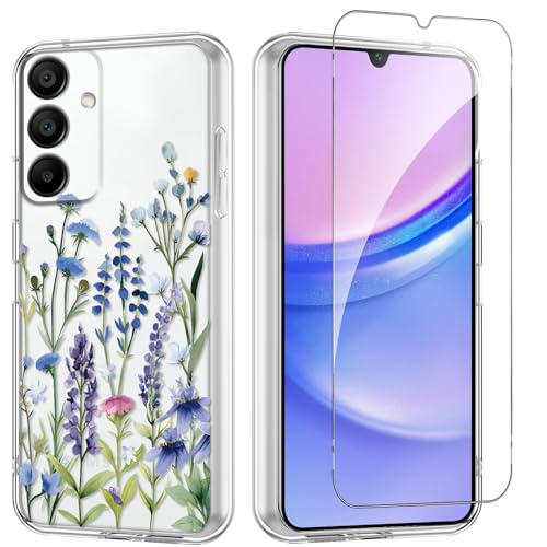 Flower Phone Case Floral for Samsung Galaxy A15 5G 6,5'' with Screen Protector, Clear Transparent Phone Cover Slim Soft Shockproof Anti-Scratch Drop Protection Funda for Girls Women, 03 - color: Flower 03, size: Samsung Galaxy A15 5G