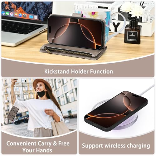 Asuwish Phone Case for iPhone 16 Pro 6.3 inch Zipper Wallet Magnetic Detachable Cell Cover with Tempered Glass Screen Protector Crossbody Strap Flower Card Holder i Phone16 i16 16Pro Women Girls Gray - color: Gray