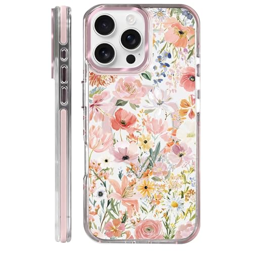 Clear Magnetic Case for iPhone 16 Pro Max, Slim Anti-Yellow Transparent Cover, Military Grade Protection, Phone Cases for iPhone 16 Pro Max, Spring Floral - color: A Spring Floral, size: Iphone 16 Pro Max