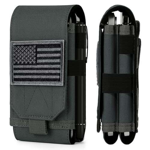 Dual Tactical Phone Pouch Molle Phone Holster Double Capacity Holder Universal Utility EDC Pouch for iPhone 17 Pro Max/17 Pro/16 Pro Max/16 Pro/15 Pro Max/15 - color: Gray-blue