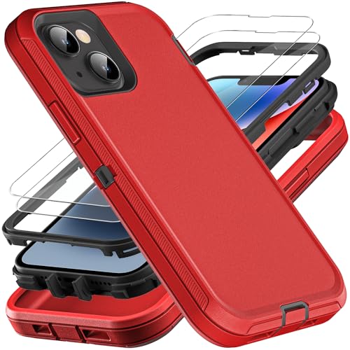YKHJKLEC for iPhone 13/iPhone 14, Military Grade 3 in 1 Heavy Duty Shockproof/Drop Proof/Dust Proof Case with 2Pcs Tempered Glass Screen Protector (Red/Black) - color: Red/Black