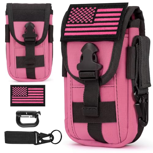 Tactical Cell Phone Holster Pouch, Smartphone Pouch Phone Case Molle Attachment Belt Holder Waist Bag for 4.7"-6.9" with US Flag Patch and Gear Clip for iPhone 17 Pro/16 Pro - color: Hot Pink