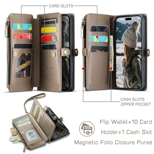 Defencase for iPhone 16 Pro Max Wallet Case with RFID Card Holder, Titanium | Durable Soft PU Leather, with Zipper Pocket, Wrist Strap, Fashion Snap Flip Phone Cases Cover with Stand for Women and Men - color: Desert Titanium