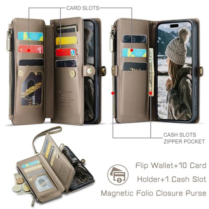 Defencase for iPhone 16 Pro Max Wallet Case with RFID Card Holder, Titanium | Durable Soft PU Leather, with Zipper Pocket, Wrist Strap, Fashion Snap Flip Phone Cases Cover with Stand for Women and Men - color: Desert Titanium