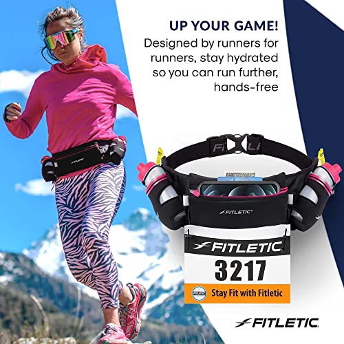 Fitletic Hydration Running Belt with Water Bottles for Men & Women – 2 Quick Flow 8oz Running Water Bottles, Patented Bounce Free Design, Water Resistant Pouch Fits All Phones – Hydra 16 - size: S/M (24"-34"), style: Black & Pink