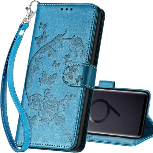 for Samsung Galaxy S9 Plus Wallet case, Blue-Flower | 3 Card Holders, Kickstand, Shockproof TPU Shell, PU Leather, Magnetic Closure, Protective Flip Folio Cover, Women - color: 7