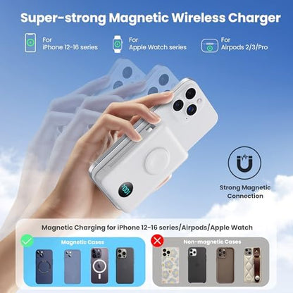 Ekrist Magnetic Portable Charger 10800mAh for MagSafe with Built-in Cable,iWatch Charger,Wireless Power Bank Travel Essentials,25W Fast Charging Battery Pack for iPhone 17/16/15/14,Apple Watch(White)