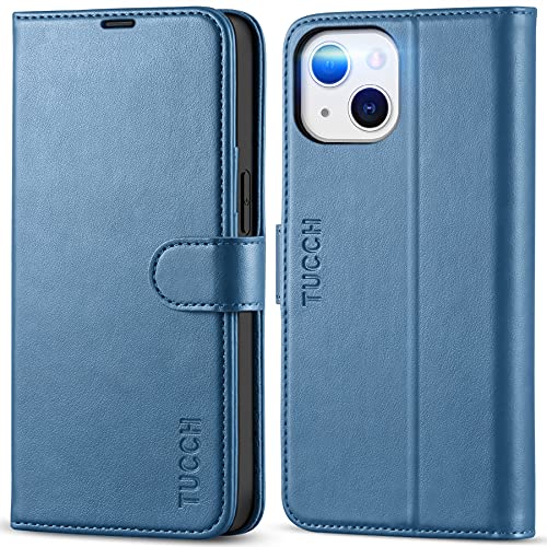 TUCCH Wallet Case for iPhone 13 (6.1") 2021, Flip Stand, Lake Blue | RFID Blocking, 3 Card Holders, Kickstand, PU Leather, Shockproof TPU Shell, Magnetic Closure, Protective Folio Cover - color: Blue (Light Blue)
