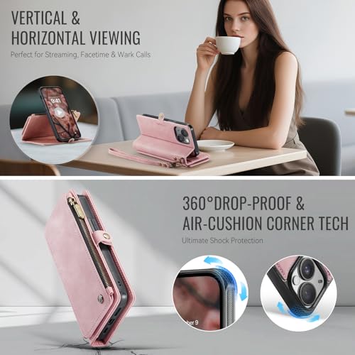 Defencase for iPhone 14 Plus Case Wallet Compatible with Magsafe, Rose Pink | Drop-Proof Magnetic Detachable Phone Cases Cover, with RFID Bolcking Card Holder, Zipper Strap, PU Leather, Removable Wallet - color: (Detachable with Magsafe)-Pink