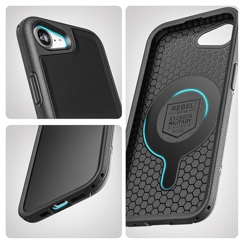 ENCASED Shockproof Case for iPhone 17e, 16e (6.1") - Ultra Protective Heavy Duty Magnetic Phone Cover, Rebel Series (Black) - color: Black, size: iPhone 16e