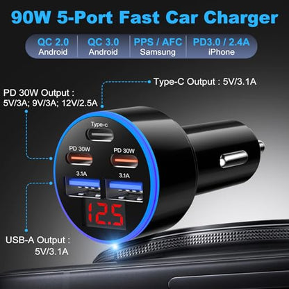 OKRAY 90W 5-Port USB C Car Charger, Dual PD30W USB-C Super Fast Charging - size: 3 Pack
