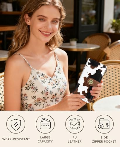 GIANCOMICS Cow Print Womens Wallet RFID Blocking, Credit Card Holder Bifold | Billfold, Cute Cash Purse, Travel Zipper Coin Pocket, Compact Clutch, PU Leather, ID Window, 11 Card Slots, Ladies Gift Woman - color: Cow Print