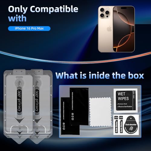 Tempered Glass 4 Way All Angles Privacy Screen Protector for iPhone 16 Pro Max (6.9"), 360° Anti-spy Auto-Dust Removal, High Definition, Full Coverage No Bubble Easy Installation 2-Pack - size: For iPhone 16 Pro Max (6.9")