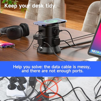 Power Strip Tower 1875W 15A with 15W Magnetic Wireless Charger, Dual-Layer Rotatable Design, 540 Joules Surge Protector Tower with 6 AC Outlets and 4 USB Ports(2USBA+2USBC), 5FT Braided Extension Cord - size: 1875W Tower