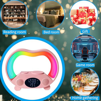 6-in-1 Wireless Charging Station with Bluetooth Speaker, RGB Ambient Light, Smart Display Clock & Thermometer, and Remote Control for Remote Operation of All Functions, ZS932 Pink. - color: Multifunctional Alarm Clock Zs932 Pink