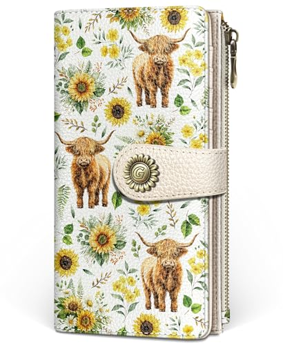 GIANCOMICS Highland Cow Womens Wallet RFID, Cute Credit Card Holder Bifold | Billfold, Cute Cash Purse, Travel Zipper Coin Pocket, Compact Clutch, PU Leather, ID Window, 11 Card Slots, Ladies Gift Woman - color: Highland Crow and Sunflowers
