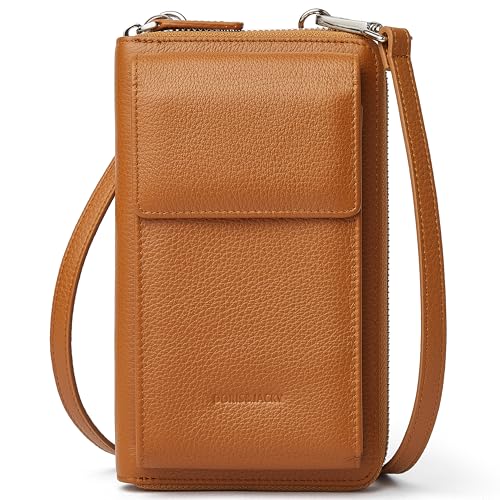 DORIS&JACKY Small Leather Crossbody Purse and Cell Phone Wallet for Women | RFID Blocking Shoulder Bag with Front Phone Pocket, Come with Long Detachable Strap and 12 Credit Card Slots - color: 3-brown