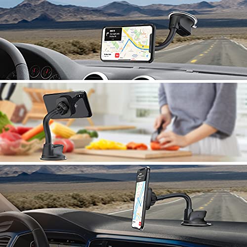 APPS2Car Magnetic Phone Holder for Car, Dashboard Windshield Phone Holder Mount with Flexible Arm & Built-in Strong Magnets, Suction Cup Phone Holder for Car Compatible with All Smartphones - color: Black