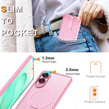 for Samsung Galaxy S25 Edge Case with Stand Compatible with MagSafe +1 Screen Protector, [Built in Kickstand &Magnet][Heat Dissipate] Protective Matte Case for Galaxy S25 Edge (Pink) - color: Pink