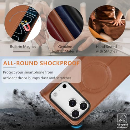 for iPhone 17 Pro Max 6.9" Wallet Case Card Holder Brown | Magsafe Compatible,RFID Blocking,Kickstand,Folio Cover,Genuine Leather - color: Brown, size: 6.9" iPhone 17 Pro Max
